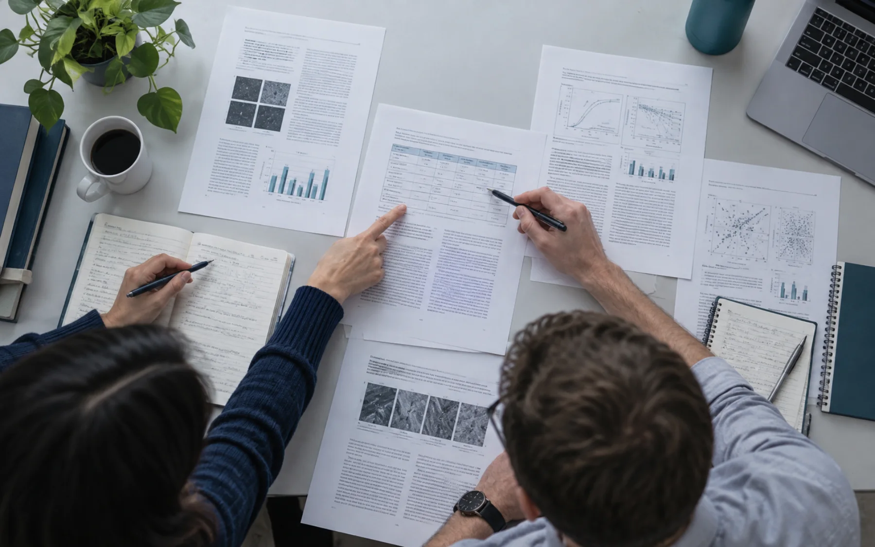 Two researchers compare methods and results across printed scientific papers.